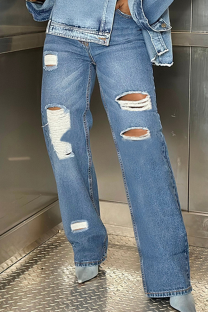 Blue Casual Solid Color Ripped Mid Waist Straight Denim Jeans