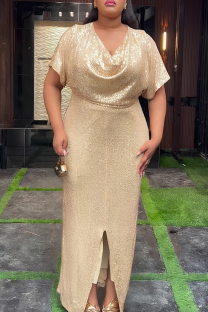 Champagne Elegant Solid Color Slit V Neck Long Plus Size Dresses