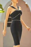 Black Sexy Solid Color Hot Drill V Neck Wrapped Skirt Dresses