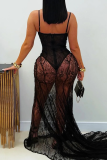 White Sexy Solid Color Lace See-Through Spaghetti Strap Evening Dresses
