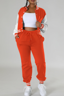 Tangerine Red Casual Stripe Contrast O Neck Long Sleeve Two Pieces