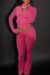 Rose Red Casual Solid Color Zipper Zipper Collar Long Sleeve Two Pieces