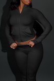 Rose Red Casual Solid Color Zipper Zipper Collar Long Sleeve Two Pieces