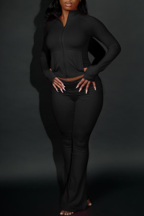 Black Casual Solid Color Zipper Zipper Collar Long Sleeve Two Pieces