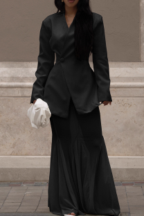 Black Elegant Solid Color Mesh V Neck Long Sleeve Two Pieces