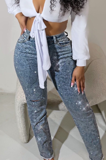 Blue Casual Solid Color Ripped Hot Drill Mid Waist Skinny Denim Jeans