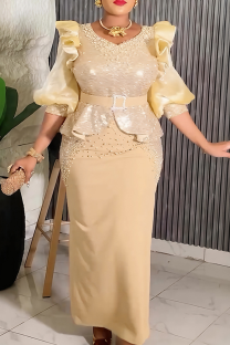 Champagne Elegant Solid Color Beading With Belt Flounce V Neck Long Plus Size Dresses