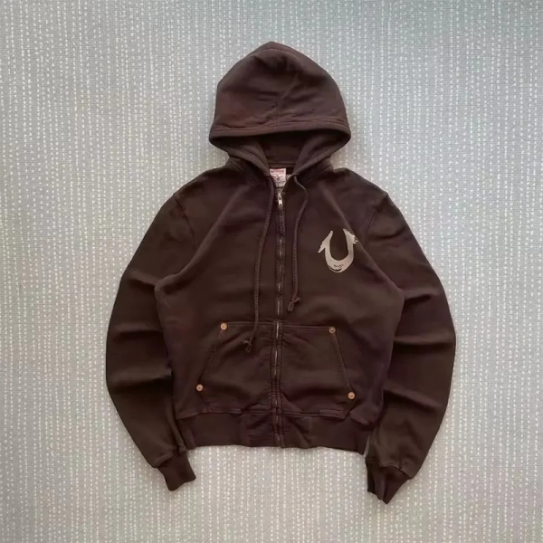 Brown Casual Print Zipper Hooded Outerwear