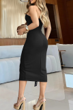 Black Sexy Solid Color Strap Design Strapless Wrapped Skirt Dresses