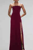 Burgundy Sexy Solid Color High Slit Spaghetti Strap Long Dresses