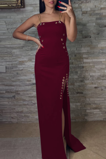 Burgundy Sexy Solid Color High Slit Spaghetti Strap Long Dresses