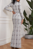 Leopard Print Sexy Snakeskin Print Leopard Patchwork O Neck Long Dresses