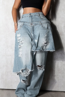 Light Blue Casual Solid Color Ripped Loose Denim Jeans