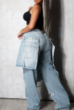 Blue Casual Solid Color Ripped Loose Denim Jeans