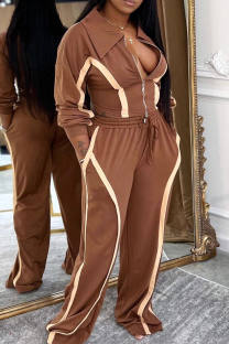 Dark Brown Casual Stripe Contrast Turndown Collar Long Sleeve Two Pieces