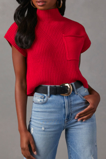 Red Casual Solid Color Pocket Half A Turtleneck Tops