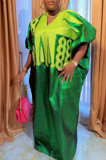 Green Casual Print Contrast V Neck Long Dresses