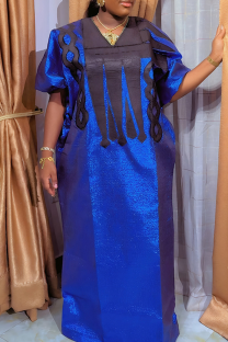 Blue Casual Print Contrast V Neck Long Dresses