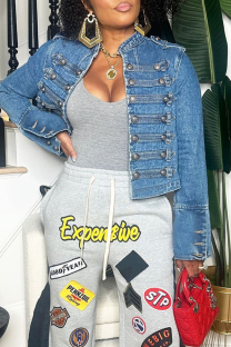 Blue Casual Solid Color Buttons Cardigan Collar Long Sleeve Straight Denim Jacket