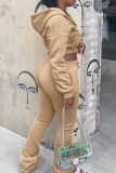 Black Casual Solid Color Zipper Hooded Long Sleeve Two Pieces
