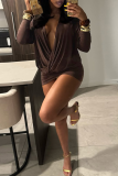 Brown Sexy Solid Color Patchwork V Neck Wrapped Skirt Dresses