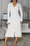 Black Casual Solid Color Buckle Turndown Collar Long Dresses