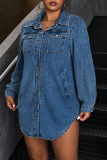Deep Blue Casual Solid Color Buckle Turndown Collar Denim Plus Size Dresses