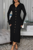Black Casual Solid Color Buckle Turndown Collar Long Dresses