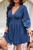 Deep Blue Casual Solid Color Buckle V Neck Denim Plus Size Dresses