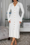 Black Casual Solid Color Buckle Turndown Collar Long Dresses