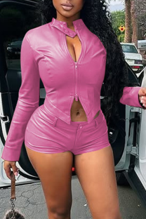 Pink Sexy Solid Color Zipper O Neck Long Sleeve Two Pieces