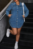 Deep Blue Casual Solid Color Buckle Turndown Collar Denim Plus Size Dresses
