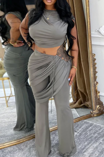 Grey Sexy Solid Color Ruched O Neck Sleeveless Two Pieces