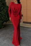 Apricot Elegant Solid Color Ruched O Neck Long Dresses