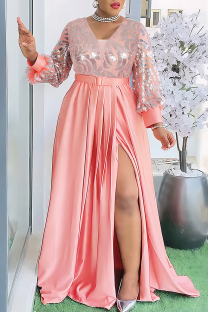 Pink Elegant Stripe Slit With Belt V Neck Long Plus Size Dresses