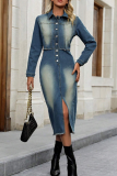 Blue Casual Solid Color Buckle Turndown Collar Long Sleeve Bodycon Denim Dresses