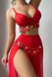 Red Sexy Solid Color Fringed Trim Lingerie