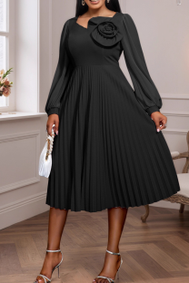 Black Elegant Solid Color Pleated O Neck Long Dresses