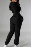 Black Casual Solid Color Zipper Hooded Long Sleeve Two Pieces
