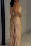Apricot Sexy Solid Color Metal Accessories Trim Strapless Regular Jumpsuits