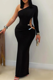Black Elegant Solid Color Hollow Out Oblique Collar Long Dresses