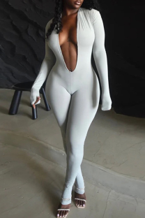 Grey Sexy Solid Color Patchwork Deep V Neck Skinny Jumpsuits