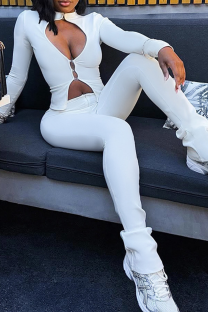 White Sexy Solid Color Hollow Out O Neck Long Sleeve Two Pieces