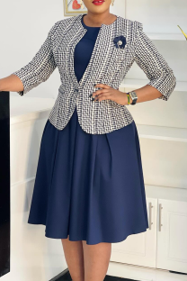 Tibetan Blue Elegant Print Patchwork O Neck Three Quarter Two Pieces
