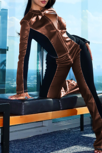 Dark Brown Casual Solid Color Contrast O Neck Long Sleeve Two Pieces