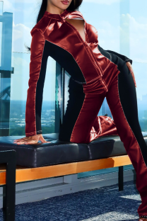 Burgundy Casual Solid Color Contrast O Neck Long Sleeve Two Pieces