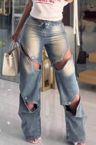 Blue Sexy Solid Color Hollow Out Distressed Mid Waist Loose Denim Jeans