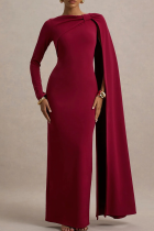 Red Elegant Solid Color Slit O Neck Long Dresses