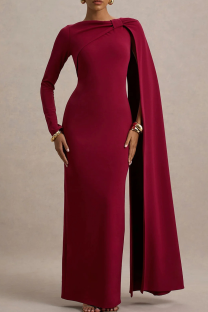 Red Elegant Solid Color Slit O Neck Long Dresses