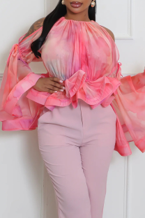 Pink Sexy Print Flounce O Neck Tops